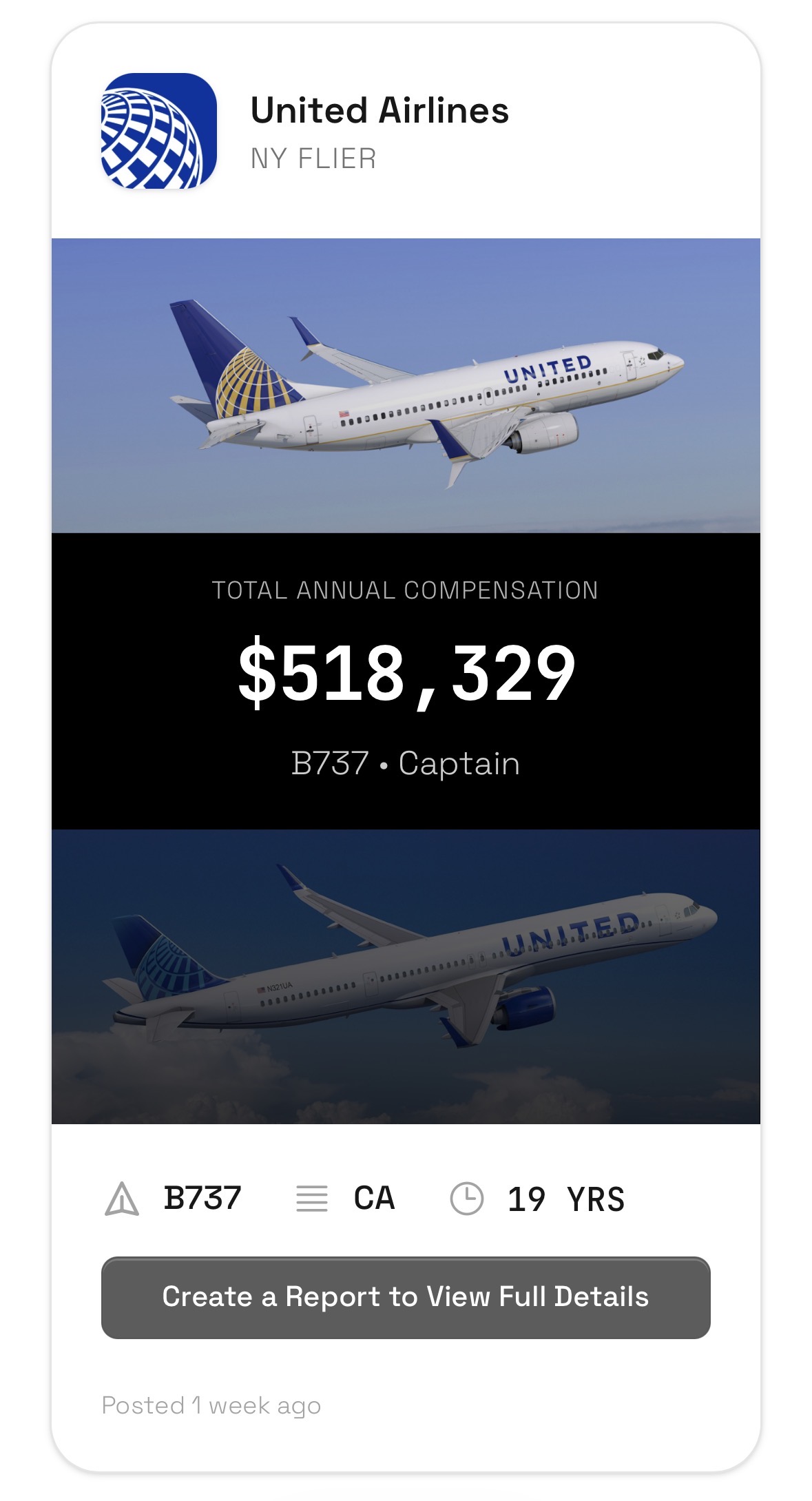 Example pilot compensation report showing United Airlines captain earning $518,329
